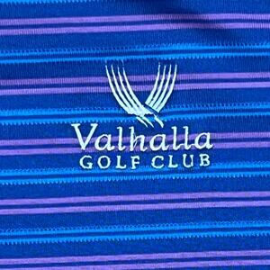 Valhalla Golf Club Blue Purple Stripe Polo Shirt Mes XL Moisture Wicking Stretch